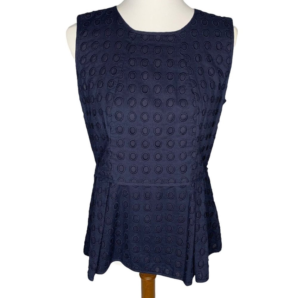 Sail To Sable Sleeveless Eyelet Peplum Top Size Large Navy Blue Lined Zipper